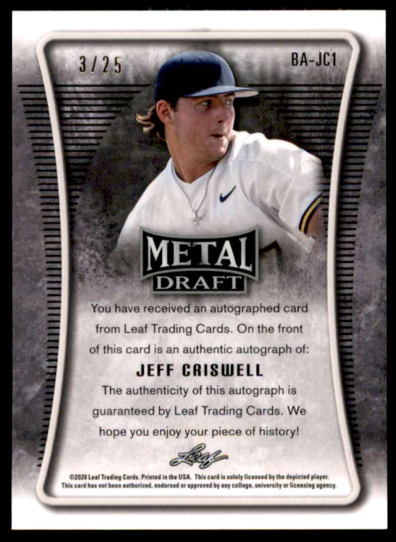 Jeff Criswell Rookie Card 2020 Leaf Metal Draft Purple #BAJC1  Image 2