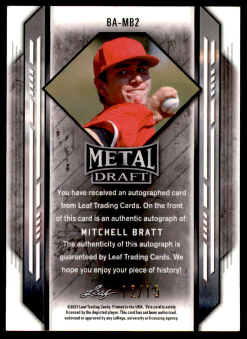Mitchell Bratt Rookie Card 2021 Leaf Metal Draft Blue Crystals #BAMB2  Image 2