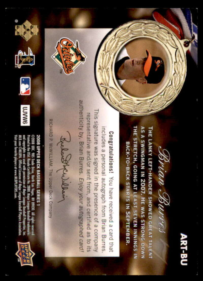 Brian Burres Rookie Card 2008 Upper Deck All Rookie Team Signatures #BU  Image 2