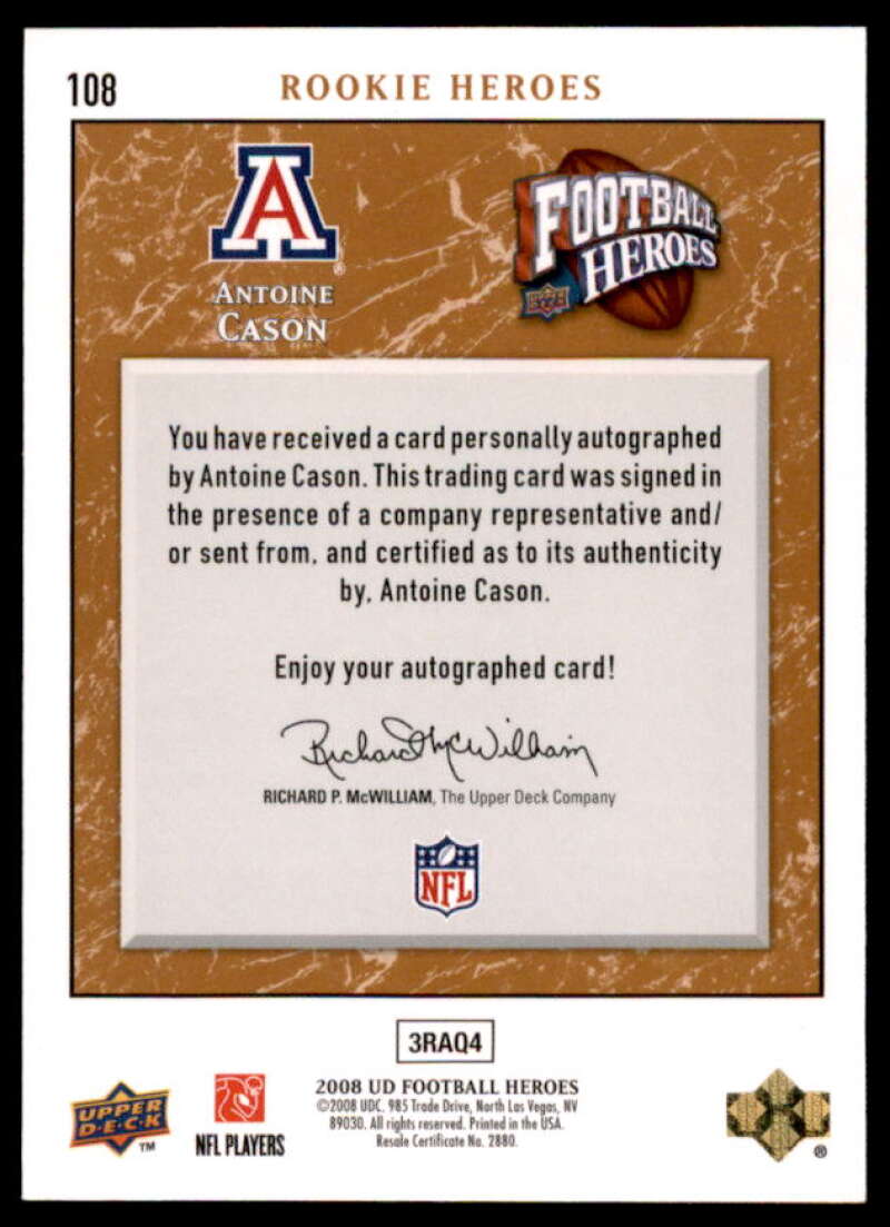 Antoine Cason Card 2008 Upper Deck Heroes Autographs Bronze #108  Image 2