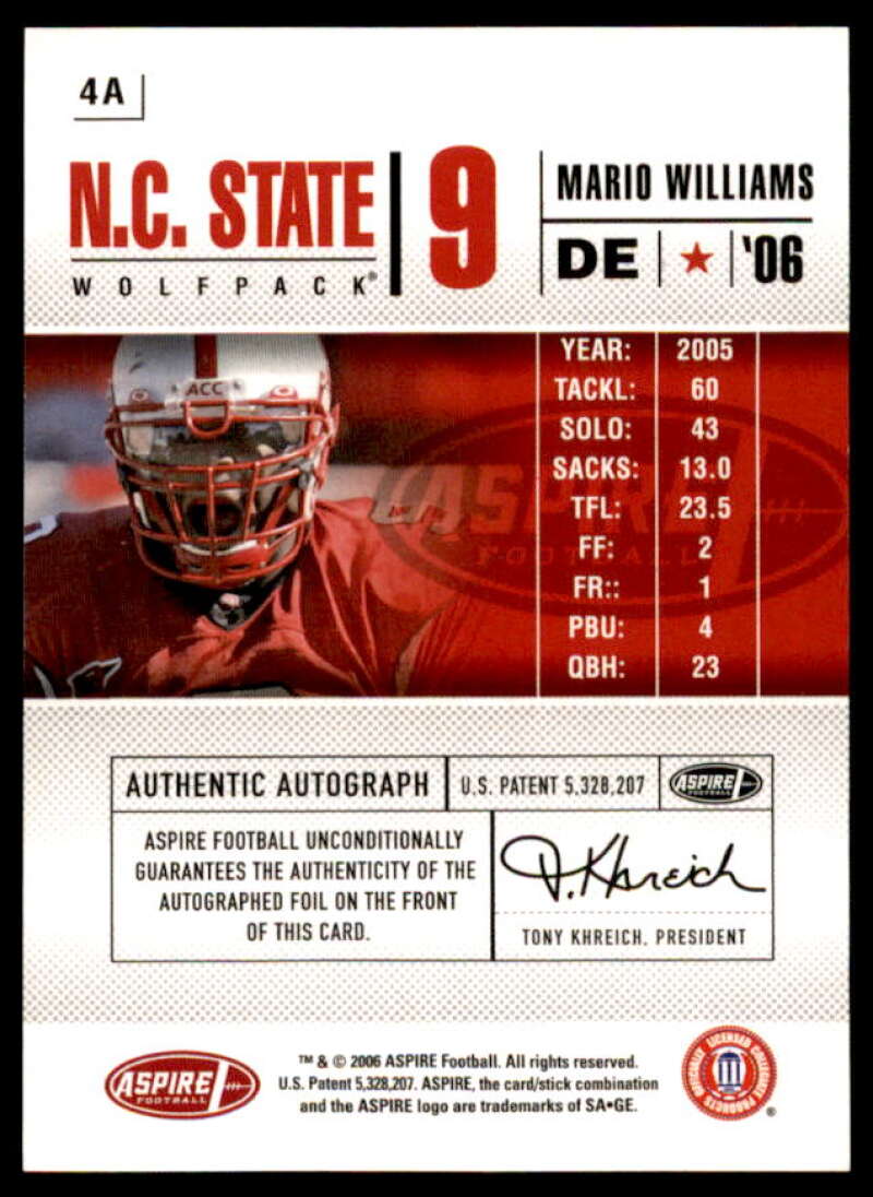 Mario Williams Rookie Card 2006 Aspire Autographs #4A  Image 2