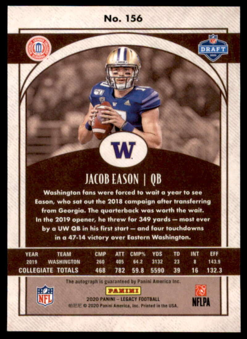 Jacob Eason Rookie Card 2020 Panini Legacy Rookies Premium Penmanship #156  Image 2