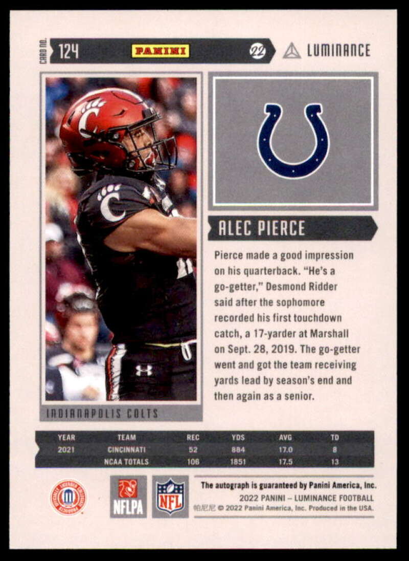 Alec Pierce Rookie Card 2022 Panini Luminance Autographs #124  Image 2