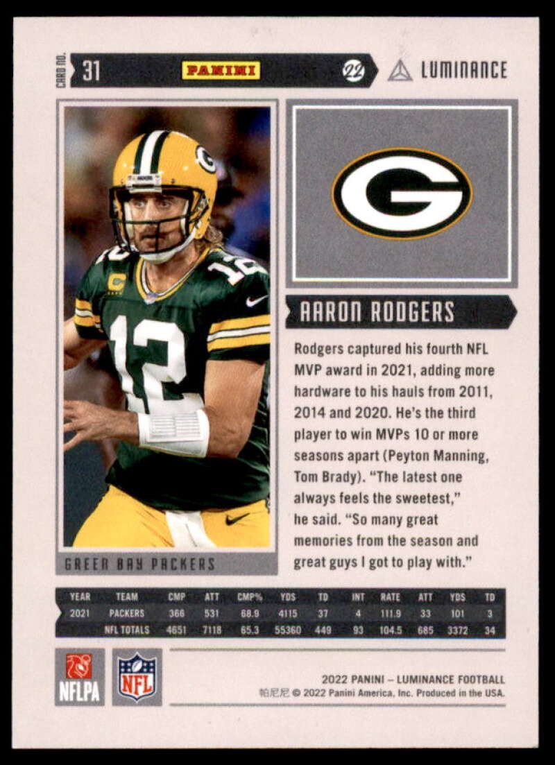 Aaron Rodgers Card 2022 Panini Luminance Gold #31  Image 2