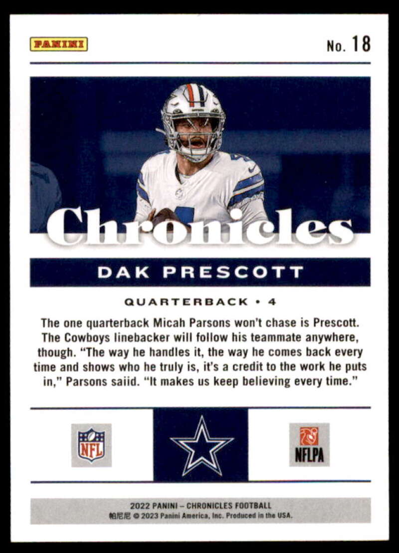 Dak Prescott Card 2022 Panini Chronicles Red #18  Image 2