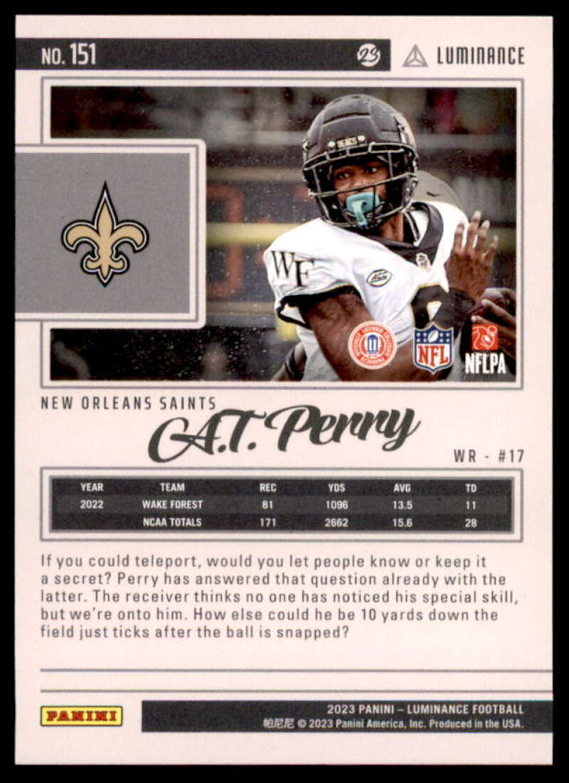 A.T. Perry Rookie Card 2023 Panini Luminance Black #151  Image 2