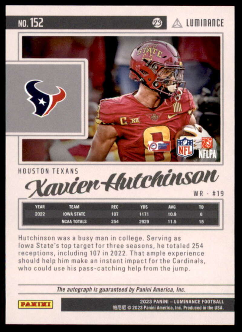 Xavier Hutchinson Rookie Card 2023 Panini Luminance Autographs #152  Image 2