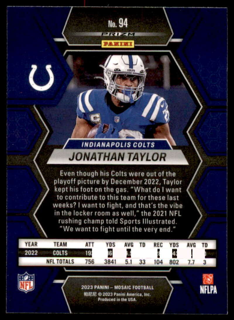 Jonathan Taylor Card 2023 Panini Mosaic Mosaic Reactive Yellow #94  Image 2