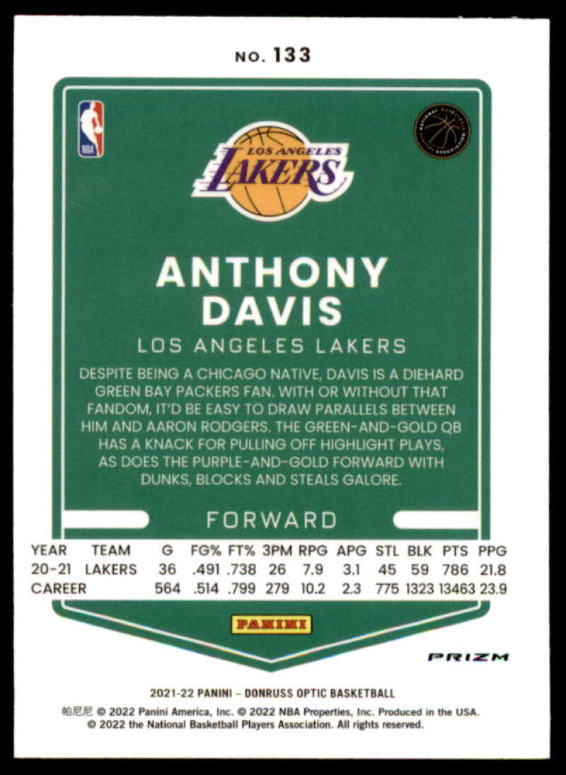 Anthony Davis Card 2021-22 Donruss Optic Purple #133  Image 2