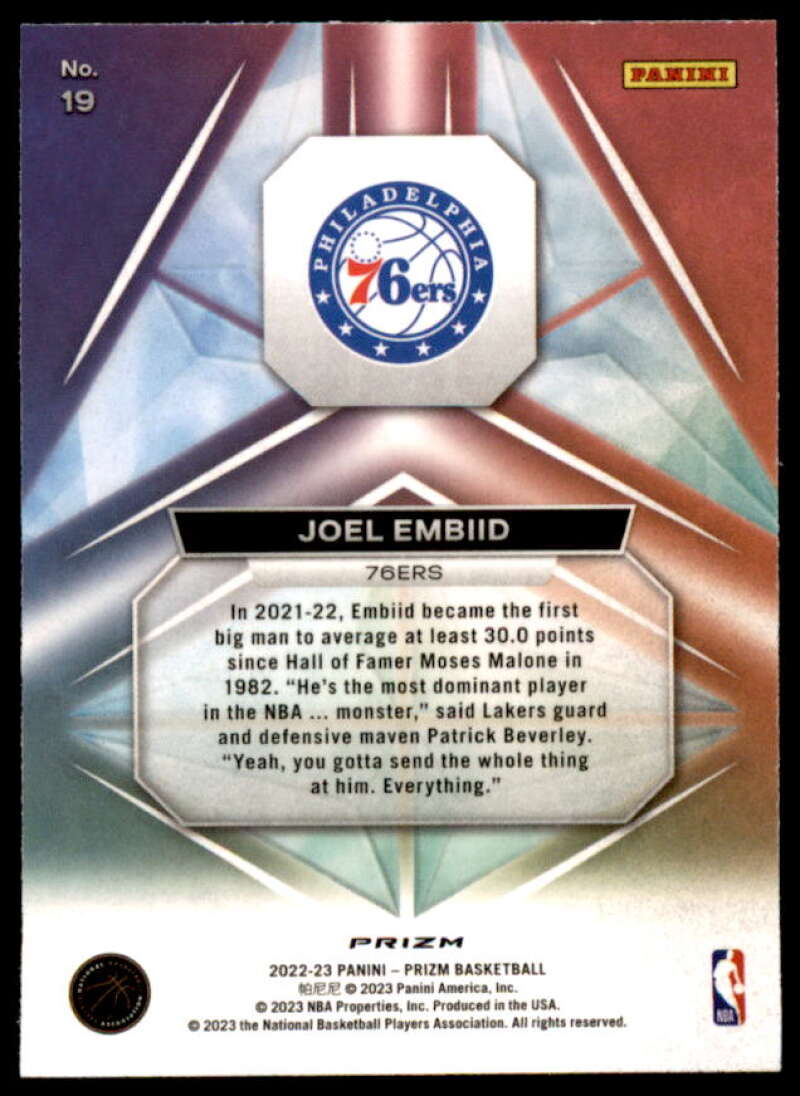 Joel Embiid Card 2022-23 Panini Prizm Prizmatic Prizms Fast Break #19  Image 2