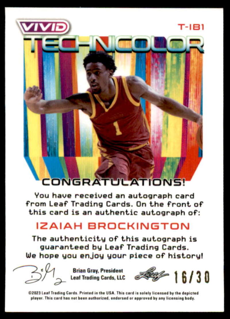 Izaiah Brockington AU Card 2022-23 Leaf Vivid Technicolor #T-IB1  Image 2