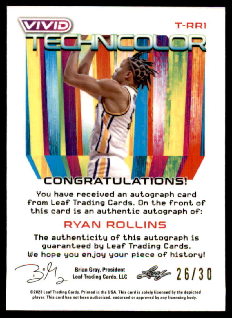 Ryan Rollins AU Rookie Card 2022-23 Leaf Vivid Technicolor #T-RR1  Image 2