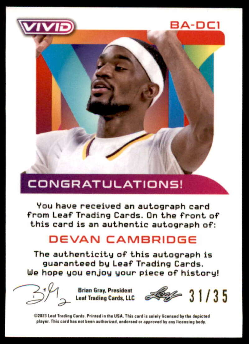 Devan Cambridge AU Rookie Card 2022-23 Leaf Vivid #BA-DC1  Image 2