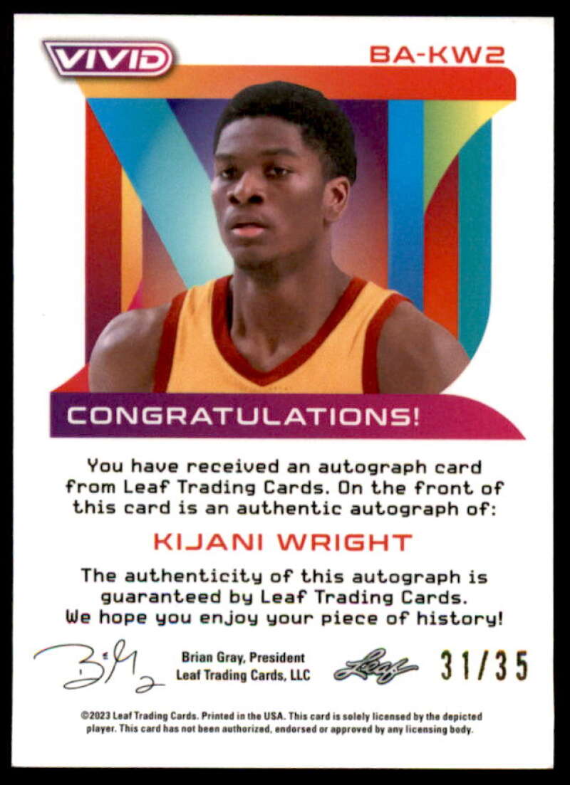 Kijani Wright AU Rookie Card 2022-23 Leaf Vivid #BA-KW2  Image 2