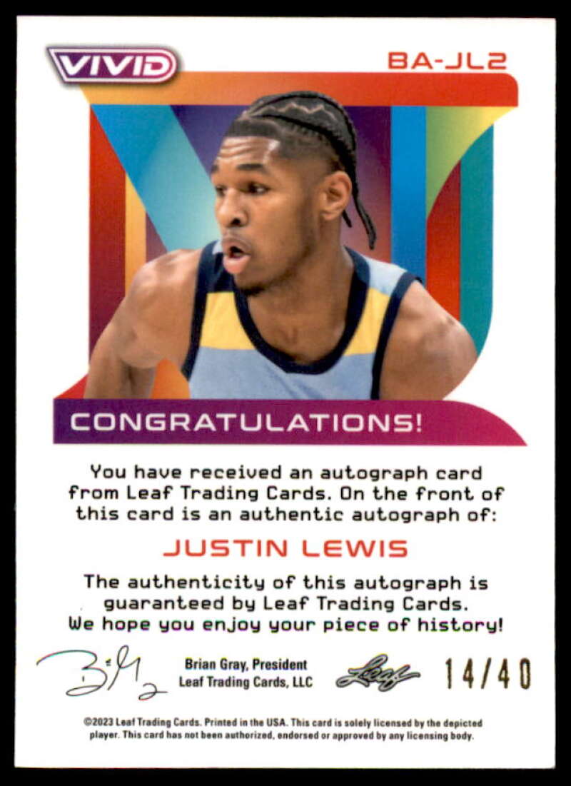 Justin Lewis AU Rookie Card 2022-23 Leaf Vivid RC #BA-JL2  Image 2