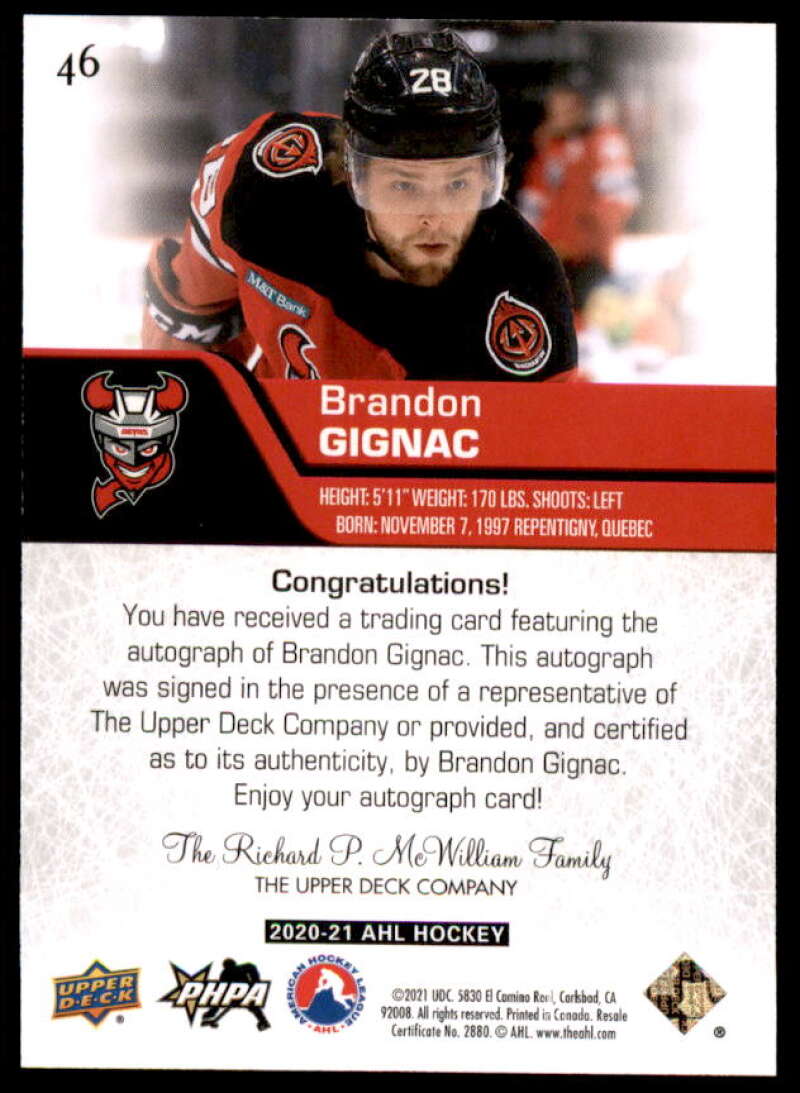 Brandon Gignac Card 2020-21 Upper Deck AHL Autographs #46  Image 2