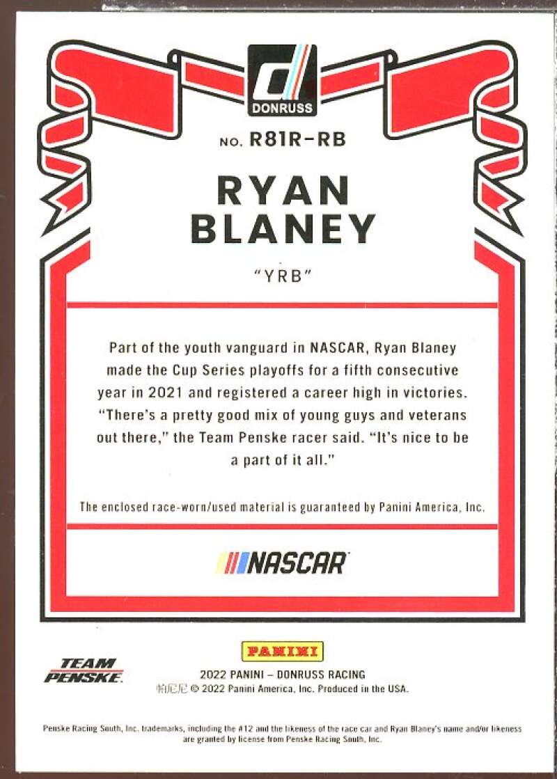 Ryan Blaney Card 2022 Donruss Retro '81 Relics #44  Image 2