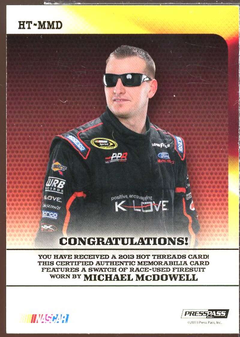 Michael McDowell Card 2013 Press Pass Ignite Hot Threads Silver #HTMMD  Image 2