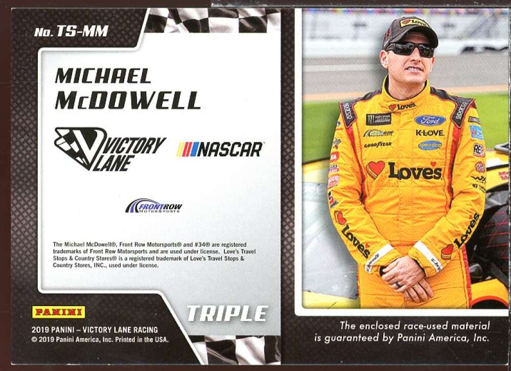 Michael McDowell Card 2019 Panini Victory Lane Triple Swatches #9  Image 2