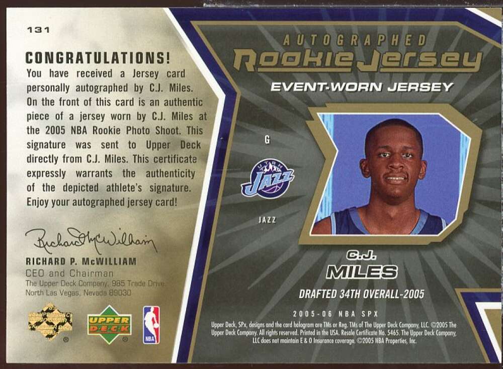 C.J. Miles JSY AU Rookie Card 2005-06 SPx #131  Image 2