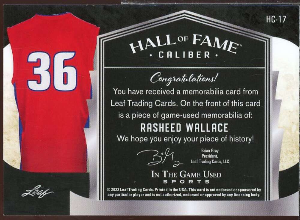 Rasheed Wallace Card 2022 Leaf Hall Of Fame Caliber Material #NNO  Image 2