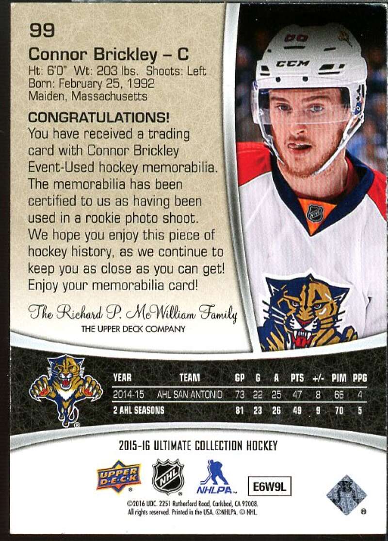 Connor Brickley JSY Rookie Card 2015-16 Ultimate Collection Silver #99  Image 2