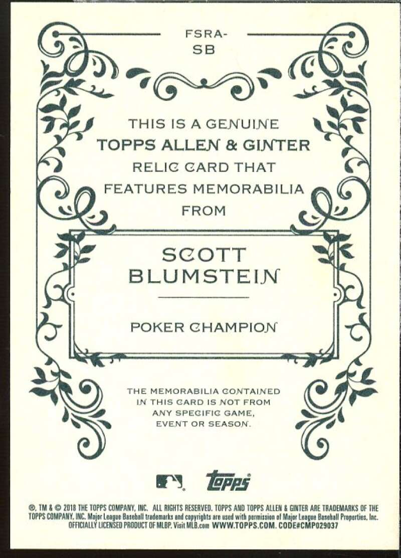 Scott Blumstein Card 2018 Topps Allen and Ginter Relics #FSRASB  Image 2