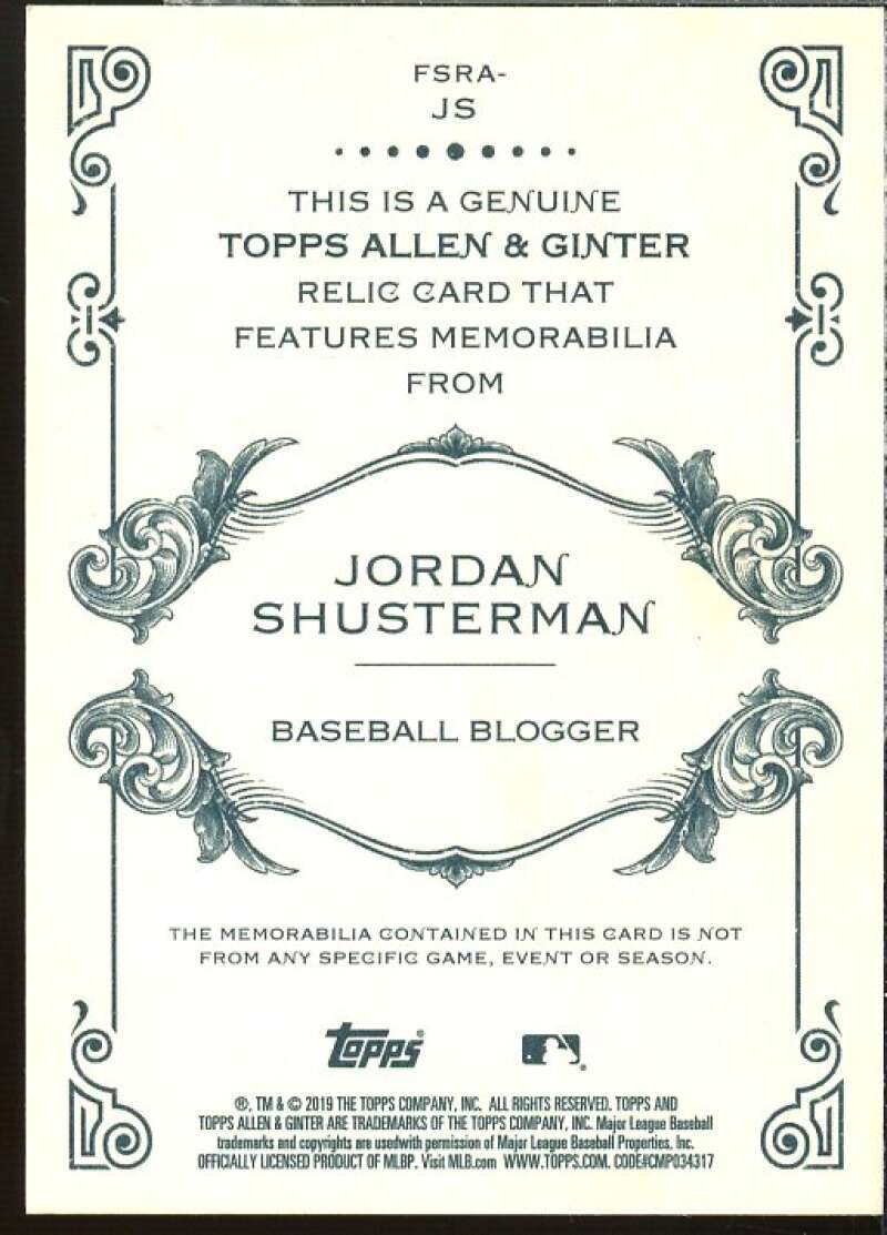 Jordan Shusterman Card 2019 Topps Allen and Ginter Relics #FSRAJS  Image 2