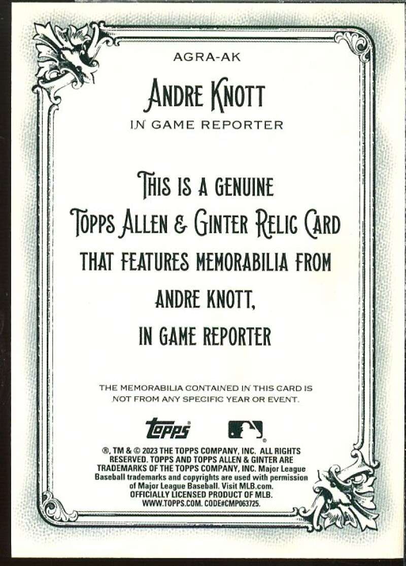 Andre Knott Card 2023 Topps Allen and Ginter Relics #AGRAAK  Image 2