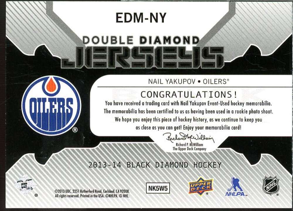 Nail Yakupov Card 2013-14 Black Diamond Dual Jerseys #EDMNY  Image 2