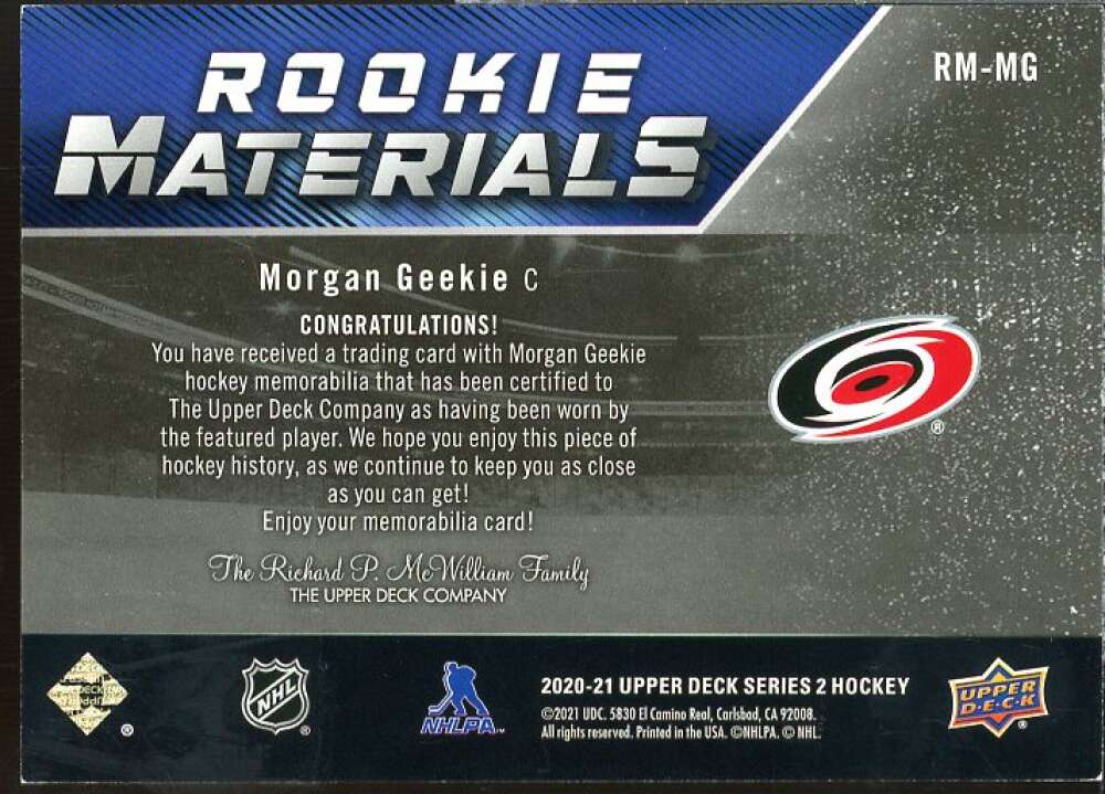 Morgan Geekie Card 2020-21 Upper Deck Rookie Materials #RMMG  Image 2