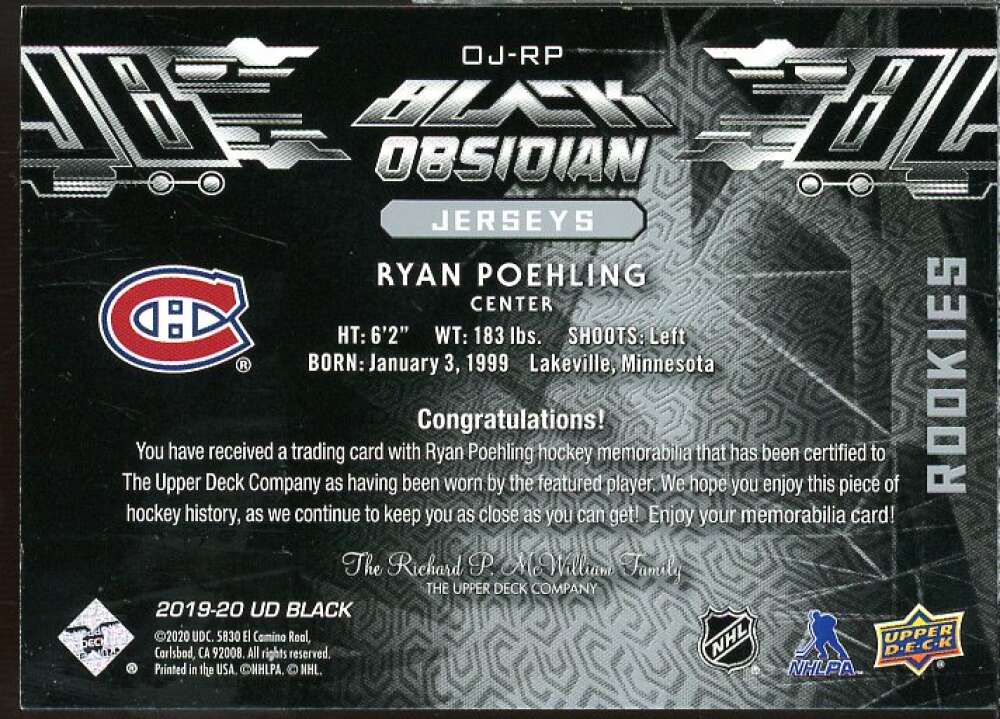 Ryan Poehling Card 2019-20 UD Black Obsidian Rookie Jerseys #OJRP  Image 2