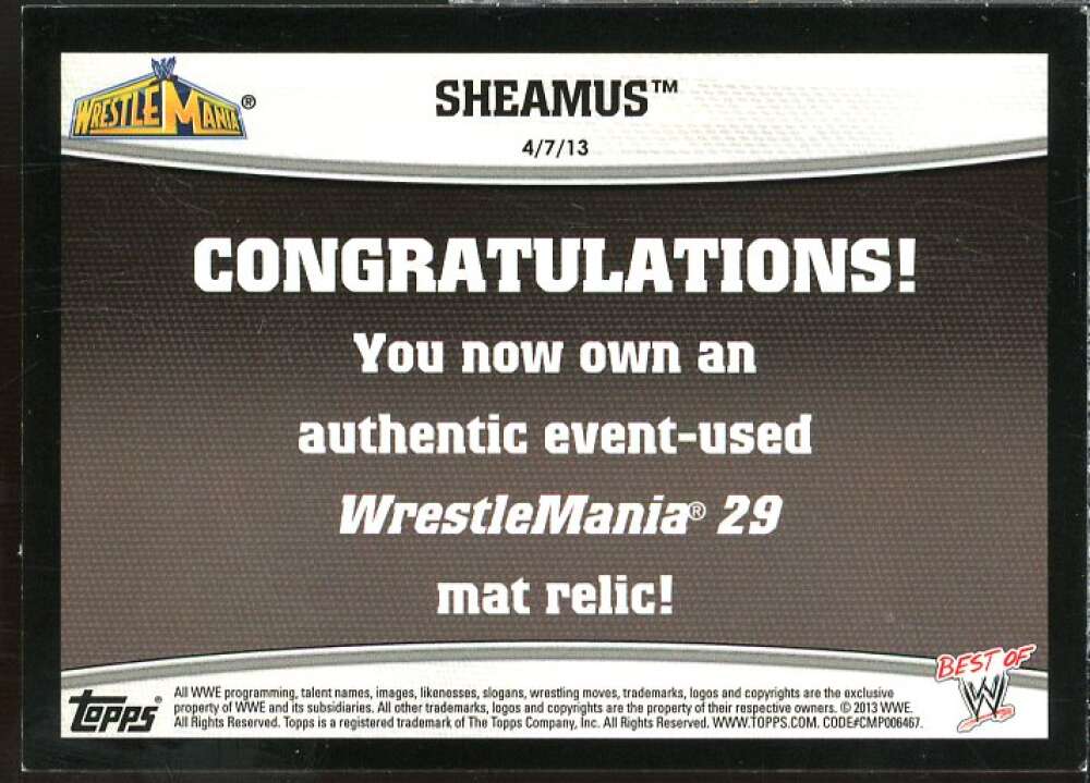 Sheamus Card 2013 Topps Best of WWE WrestleMania 29 Mat Relics #NNO  Image 2