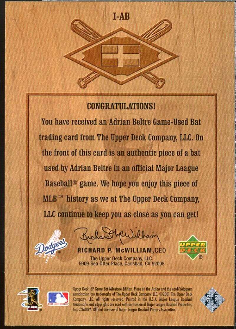 Adrian Beltre 2001 SP Game Bat Milestone Piece of Action International #IAB  Image 2