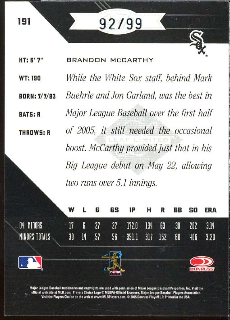 Brandon McCarthy PH AU Rookie Card 2005 Leaf Limited #191  Image 2