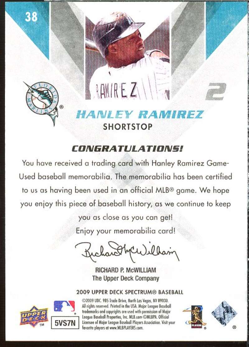 Hanley Ramirez Jsy Card 2009 Upper Deck Spectrum Gold Jersey #38  Image 2