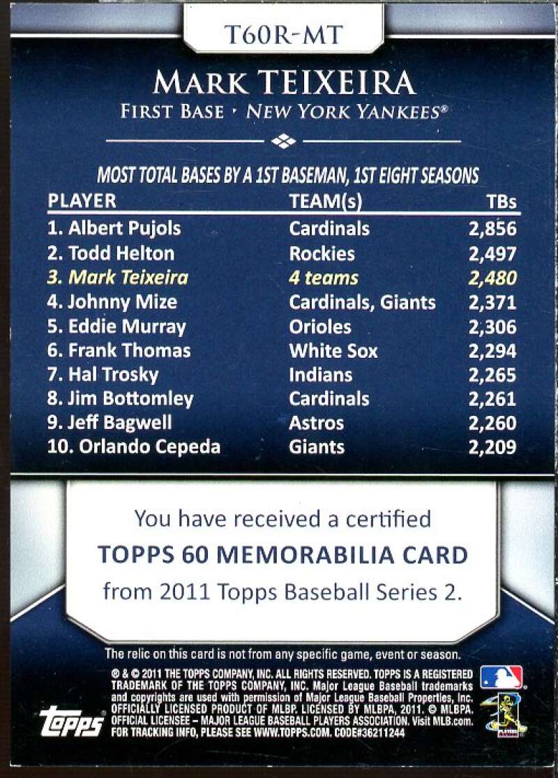 Mark Teixeira Card 2011 Topps 60 Relics #MT  Image 2