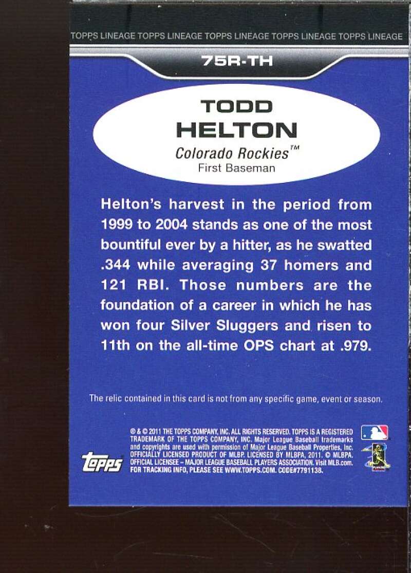 Todd Helton Card 2011 Topps Lineage '75 Mini Relics #TH  Image 2