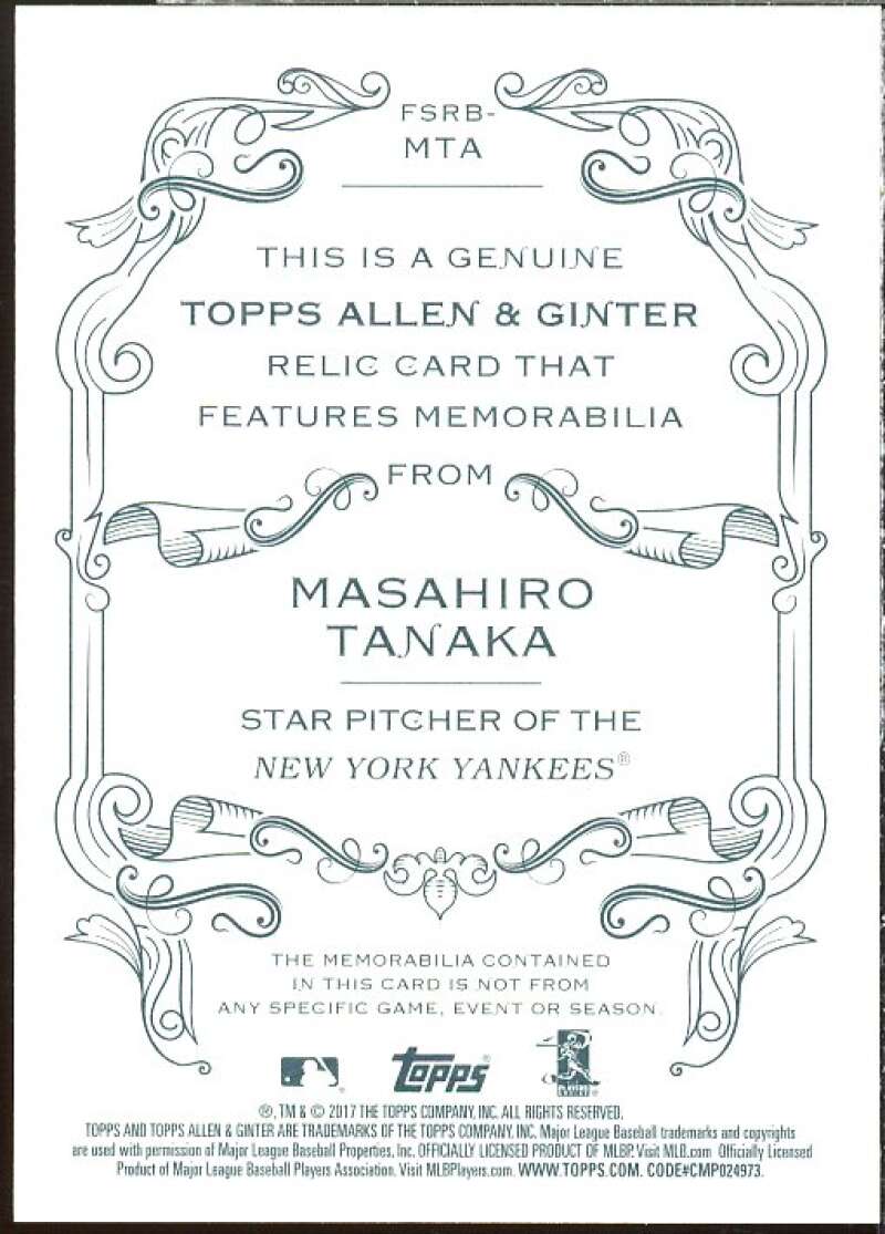 Masahiro Tanaka Card 2017 Topps Allen and Ginter Relics #FSRBMTA  Image 2