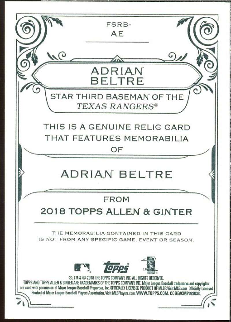Adrian Beltre Card 2018 Topps Allen and Ginter Relics #FSRBAE  Image 2