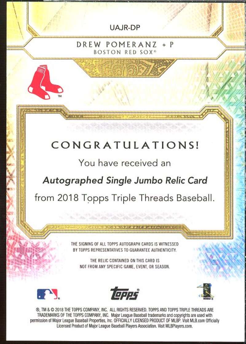 Drew Pomeranz 2018 Triple Threads Unity Autograph Jumbo JSY Emerald #UAJRDP  Image 2