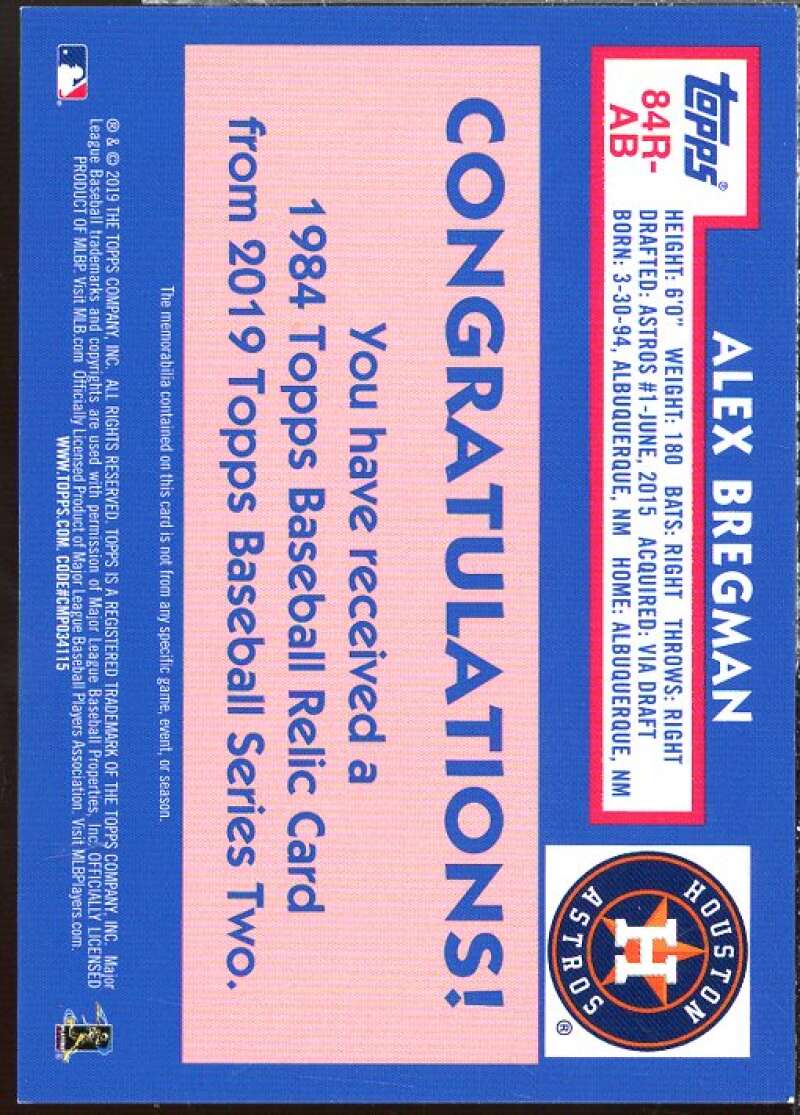 Alex Bregman Card 2019 Topps '84 Topps Relics #84RAB  Image 2
