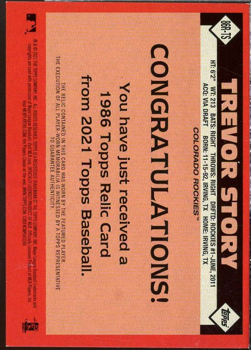 Trevor Story Card 2021 Topps '86 Topps Relics #86RTS  Image 2