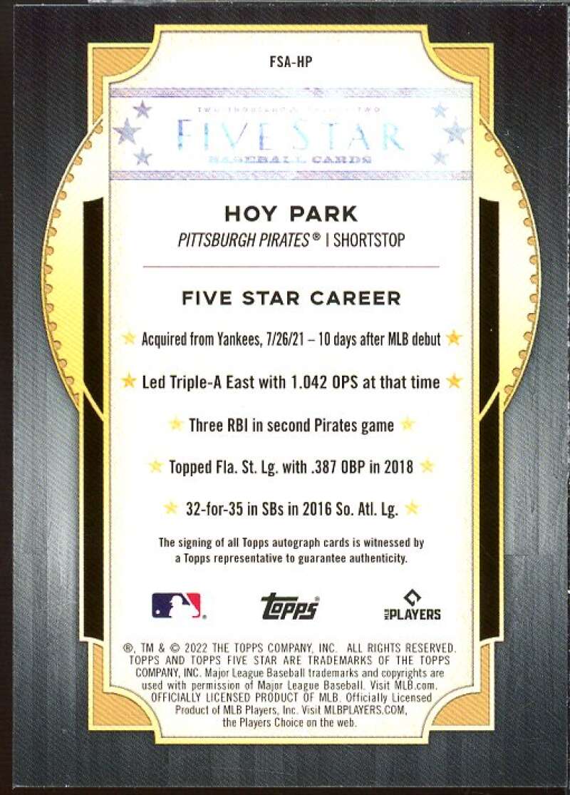 Hoy Park Rookie Card 2022 Topps Five Star Autographs Aqua #FSAHP  Image 2