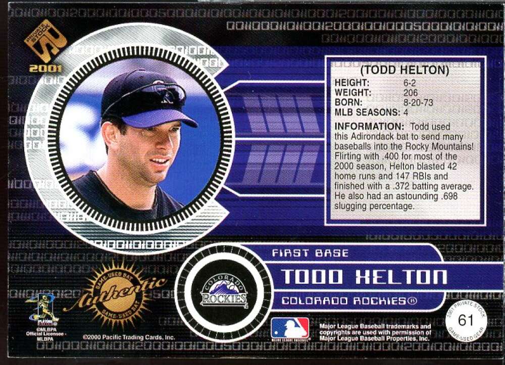 Todd Helton Bat Card 2001 Private Stock Game Gear #61  Image 2