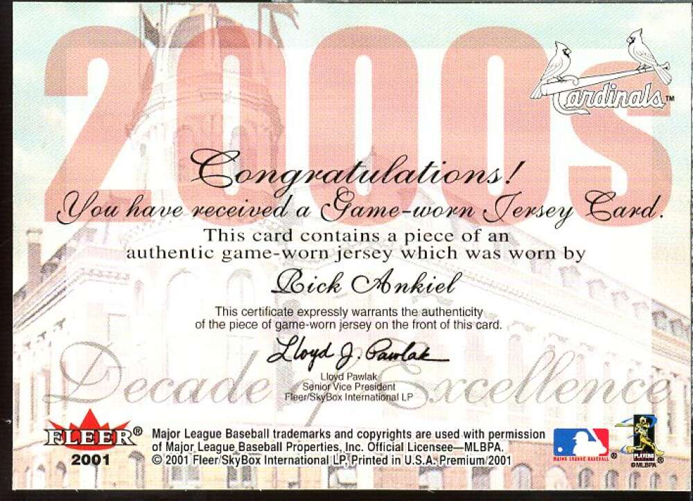 Rick Ankiel Jsy Card 2001 Fleer Premium Decades of Excellence Memorabilia #1  Image 2
