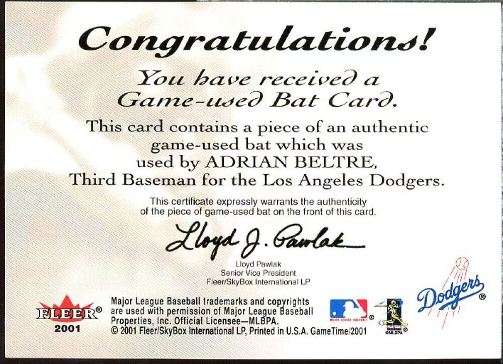 Adrian Beltre Card 2001 Fleer Game Time Lumber #3  Image 2