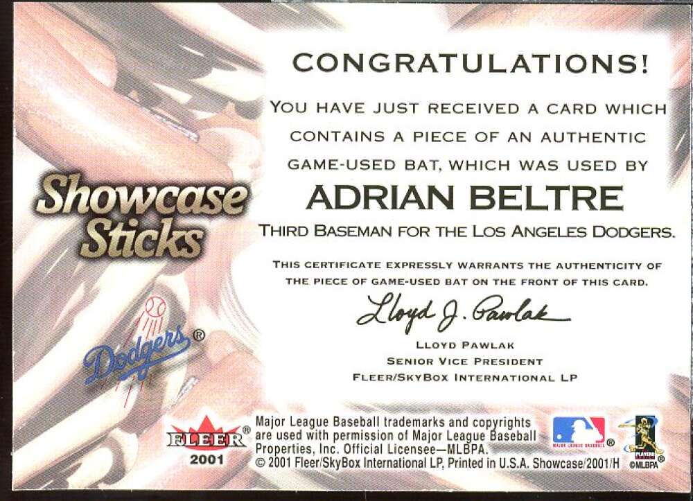 Adrian Beltre Card 2001 Fleer Showcase Sticks #3  Image 2