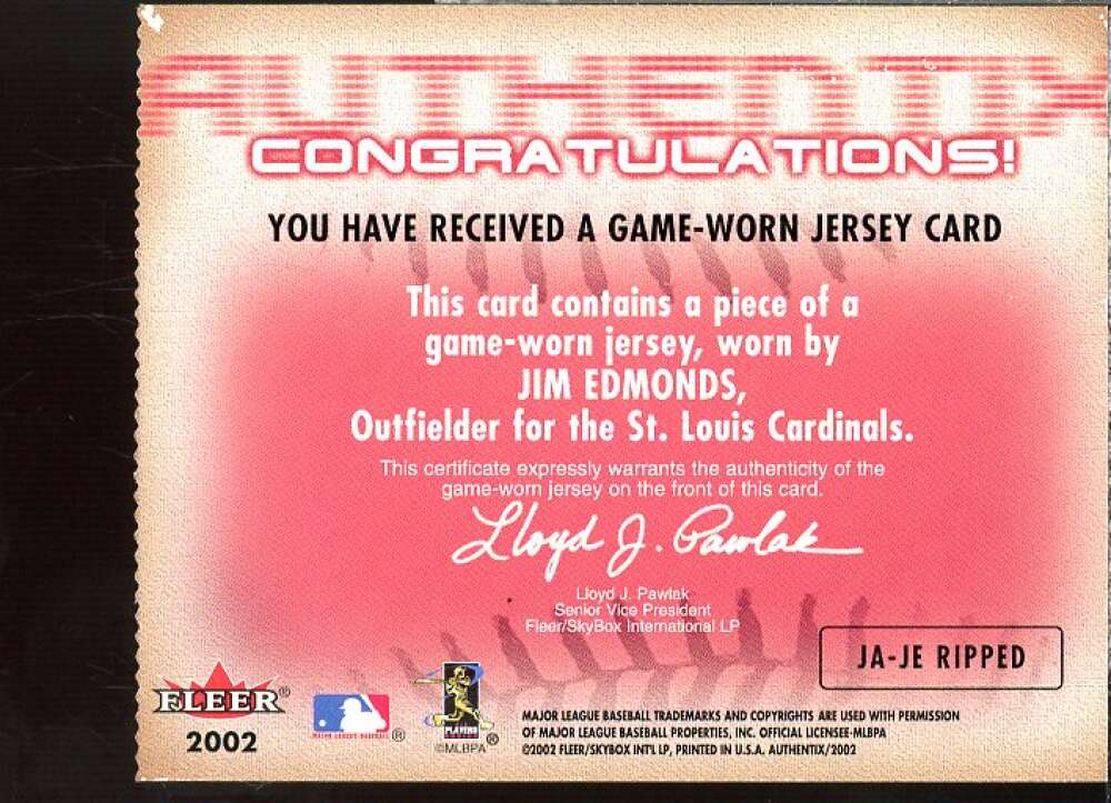 Jim Edmonds SP Card 2002 Fleer Authentix Jersey AuthenTIX #JAJE  Image 2