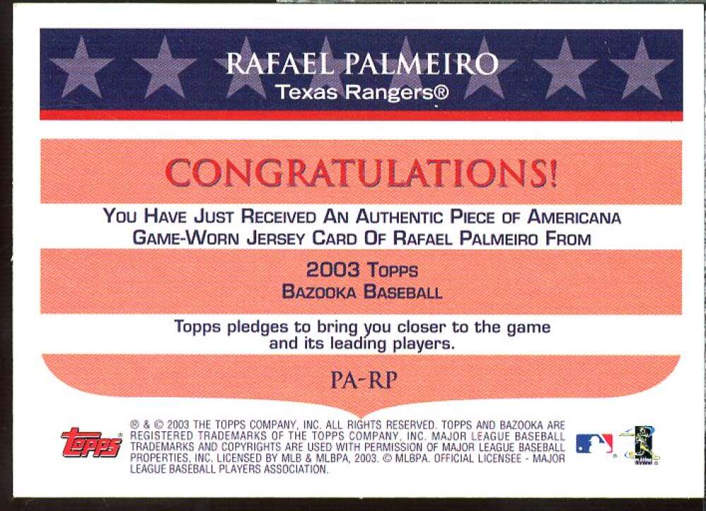 Rafael Palmeiro Card 2003 Bazooka Piece of Americana Relics #RP  Image 2